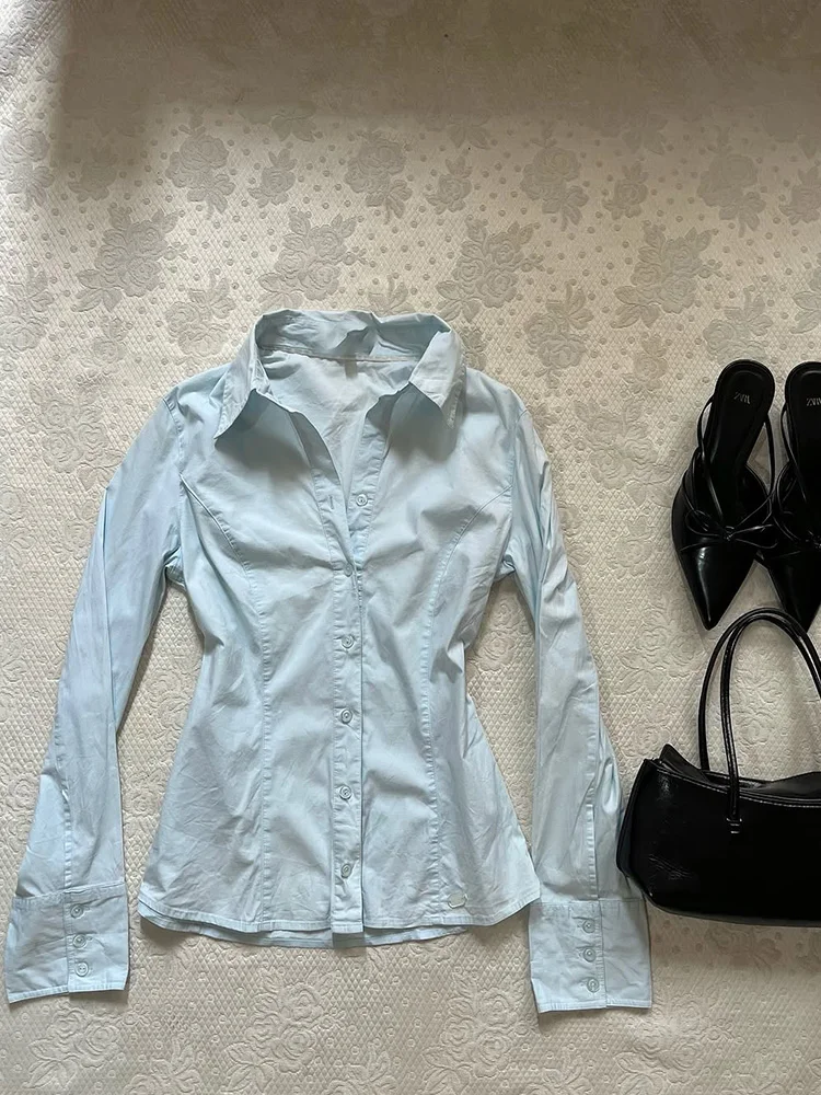 

Синий винтажный топ Slim Fit Long Sve irt для молодых женщин, оригинальный дизайн, хлопковый топ ранней осени f Asp Girl