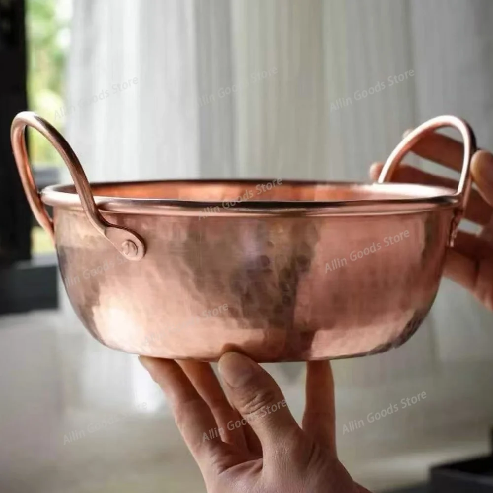 Vintage Hand-Hammered Copper Cookware, Portable Outdoor Cooking Vessel for Stewing Soup Pasta, 20cm Handcrafted Kitchen Utensil