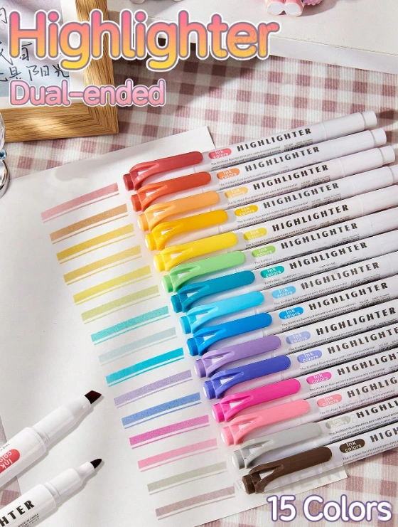 15 Pieces/Set of Double-Ended Highlighters, Cute Colors, Suitable for School, Office, Decoration, Bible, DIY Painting, and Other Occasions