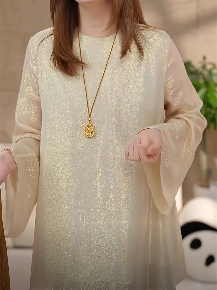 

New Chinese Sle Loose Silk irt round Ne Qipao Daily Wear Breathable Long Sve Pure Color Low Slit ort Qipao for Women