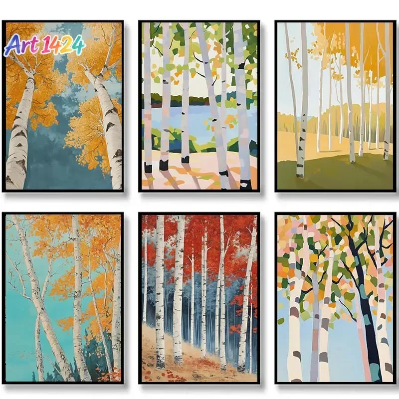 1pc frameless canvas painting Minimalist Abstract Birch Tree Lush Wall Art Rustic Nature Canvas Printing Poster Living Room B