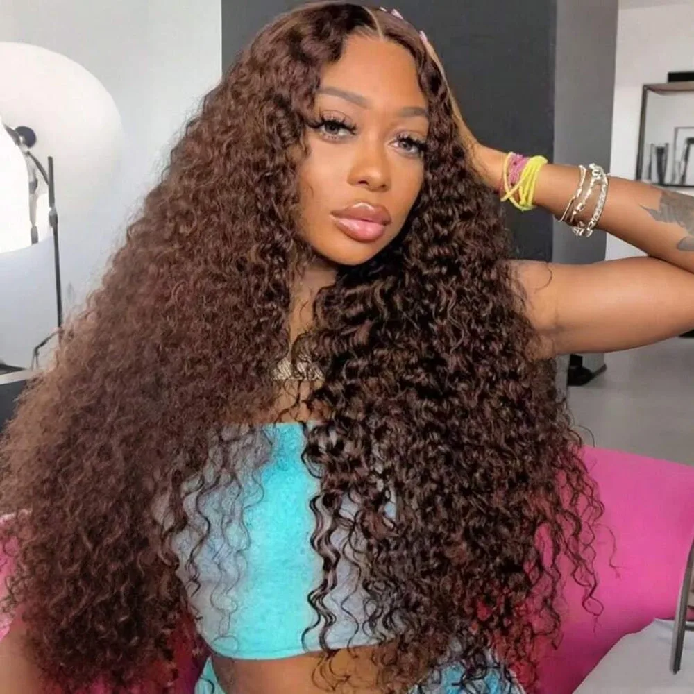 

250% Плотность Шоколадно-коричневый Джерри Вьющиеся человеческие волосы Парик Глубокая волна Парик из натуральных волос 13x4 Парик фронта шнурка Глубокие девственные человеческие волосы