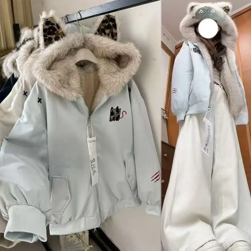 Y2k Katzenohren-Hoodie, süße Daunenjacke für Damen, warm, dick, mit Fleece gefüttert, Wintermantel, Cutecore-Stil.