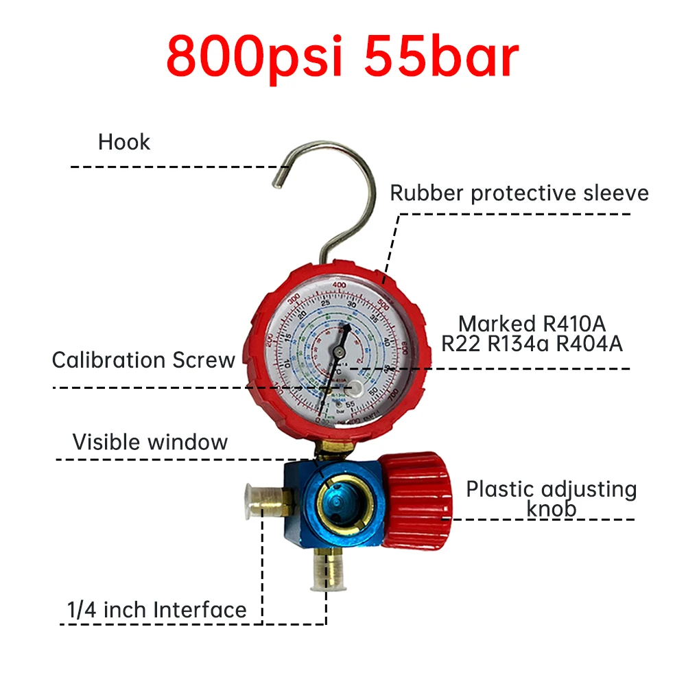 500/800PSI Refrigerant Manometer Manometer Air Condition Pressure Gauge Manometer Valve For R410A R22 R134a R404A