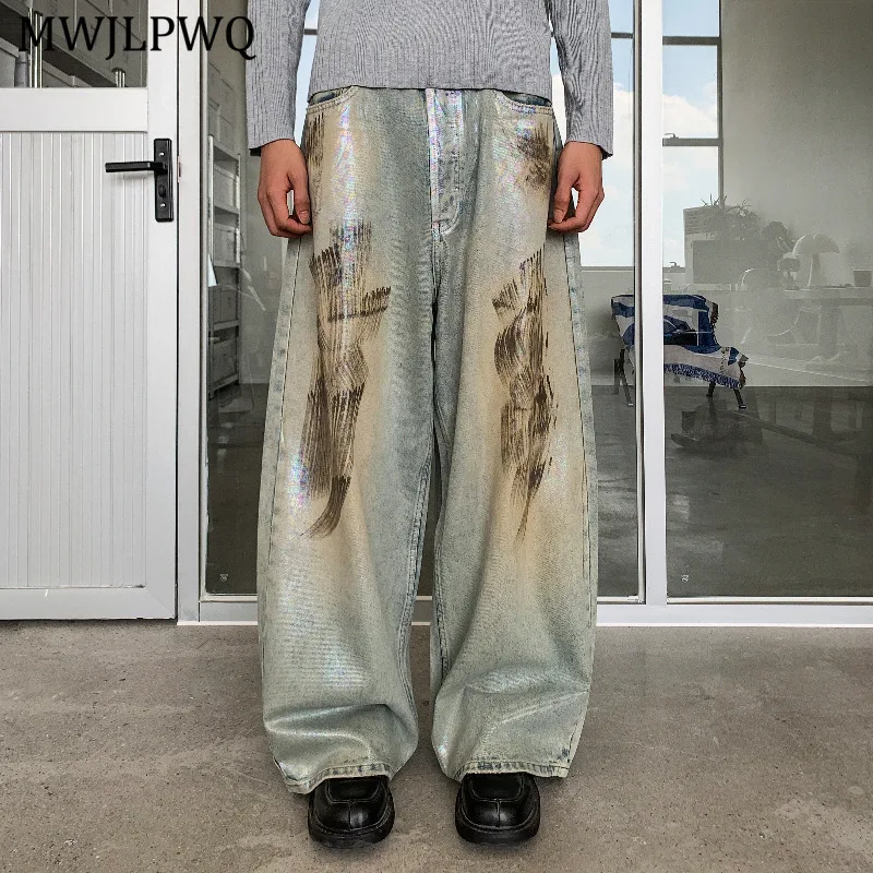 

MWJLPWQ American Style Washed Dirty Dye Coating Jeans Men's High Street Colorful Ink Splash New Baggy Loose Wide-Leg Pants 20962