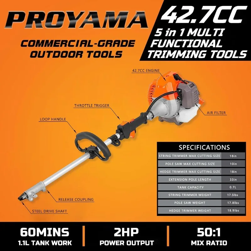 PROYAMA قوية 42.7cc 5 في 1 أدوات تشذيب متعددة الوظائف، أداة تشذيب التحوط بالغاز، آكل الأعشاب، أداة تشذيب السلسلة، قاطع الفرشاة، منشار القطب