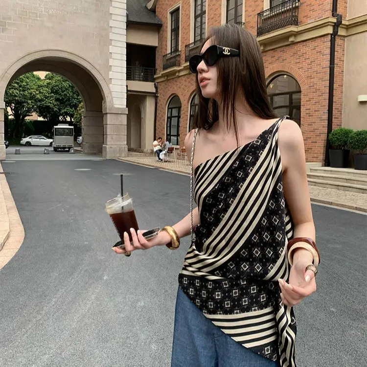 

Summer New Striped Print Oblique Collar Camisole Female Temperament Design Irregular Sleeveless Top