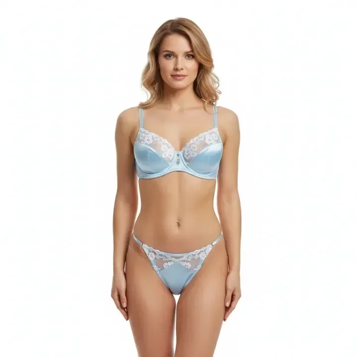

Sexy French Lingerie Set Blue Japanese Silk Underwear Thongs Women Comfortable Luxury Seamless Bra Lace Embroidery