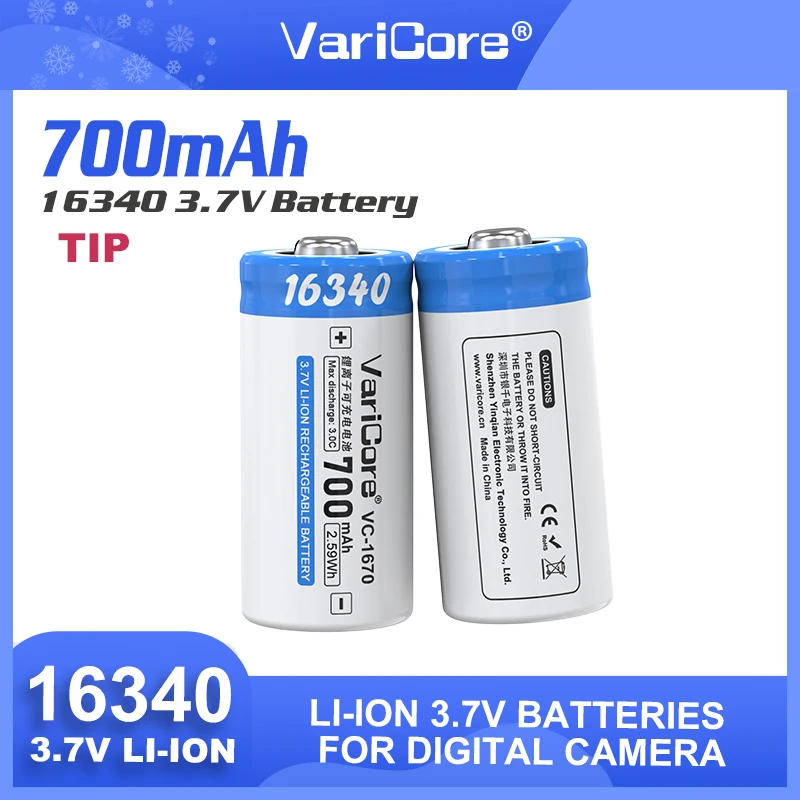 VariCore VC-1670 16340 Con TiP 3.7V 700mAh Batteria ricaricabile agli ioni di litio di grande capacità per la torcia elettrica della fotocamera digitale