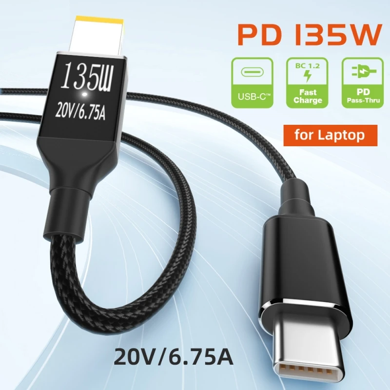 Cable de carga tipo C para ordenador portátil, USB-C de 2,0 m/6,5 pies, 135W a CC, rectangular, 11,0x4,5mm, PD, para Thinkpad X1 Legion Y7000P, DC20V 6.25A