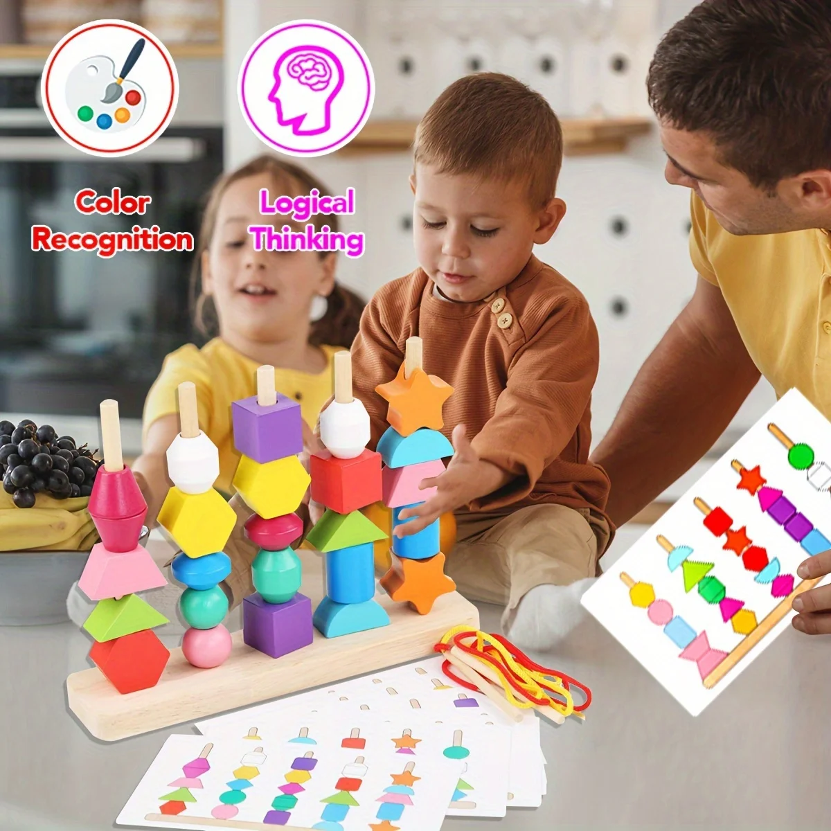 Set di giocattoli per sequenza di perline di legno, blocchi impilabili, perline di allacciatura e impilatore di forme abbinate, regali di Natale e Halloween