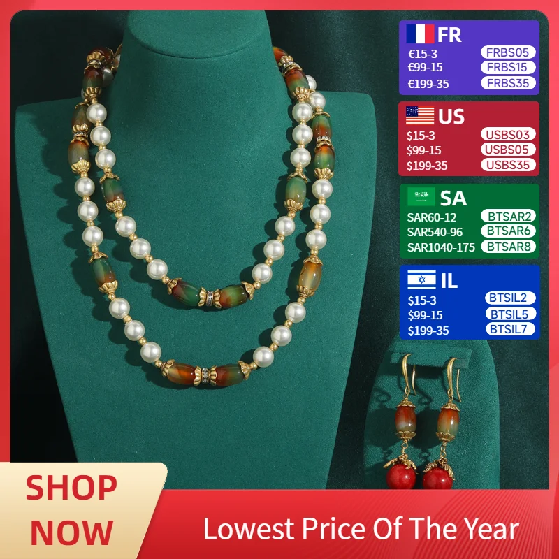 

Vintage Freshwater Pearl Necklace Set For Ladies Bridal Red Stone Luxury Dangle Earrings Color Glass Jewellery New In Gift