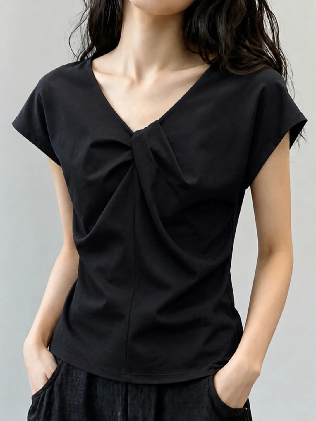 

Slimming Versatile Design V-Neck Knot T-Shirt Short Sleeve Comfortable Elegant Fashionable Korean Style Silk Women's Top