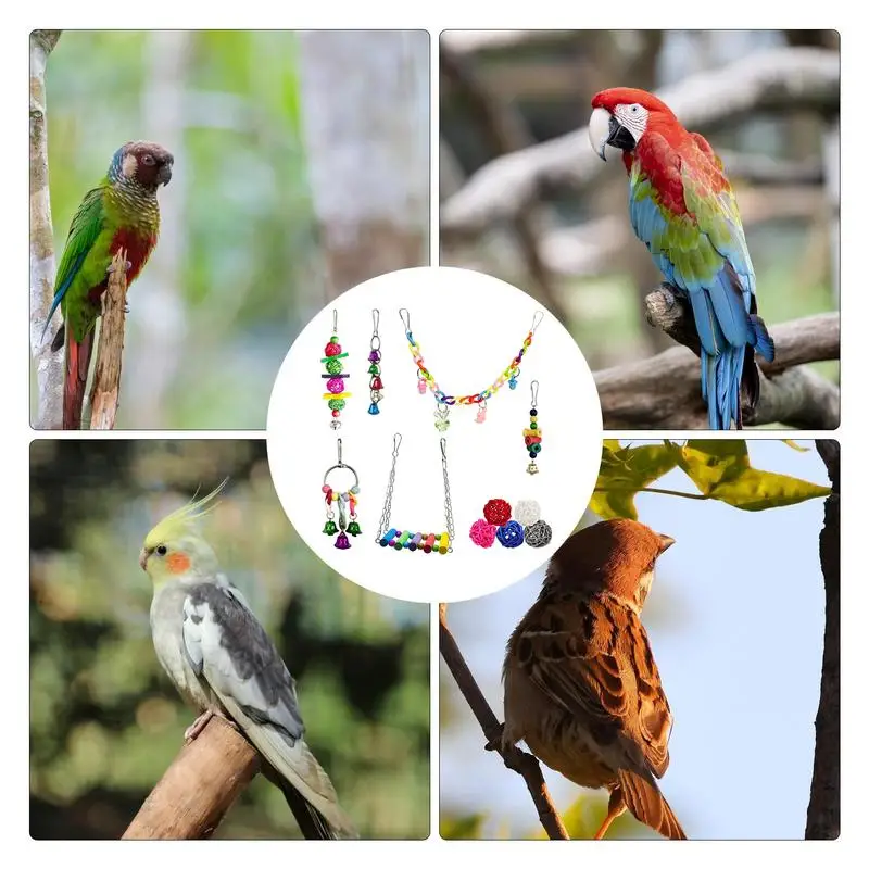 11pcs Wooden Parrot Toys Bird Toy Cage Bird Accessories Swing Suspension Bridge Ball Cage Bird Chewing Toy Pet Supplies Set