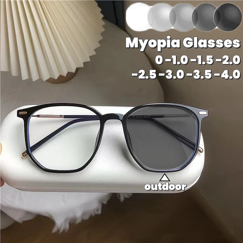 

Anti Blue Light Color Changing Near Sight Glasses Trend Large Frame Myopia Glasses New Retro Polygonal TR Photochromic Glasses