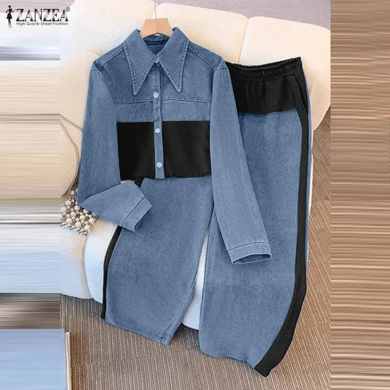 

ZANZEA Элегантные осенние комплекты с длинными брюками 2026 Женские цветные лоскутные рубашки и широкие брюки Повседневная свободная одежда из 2 предметов 2 шт.