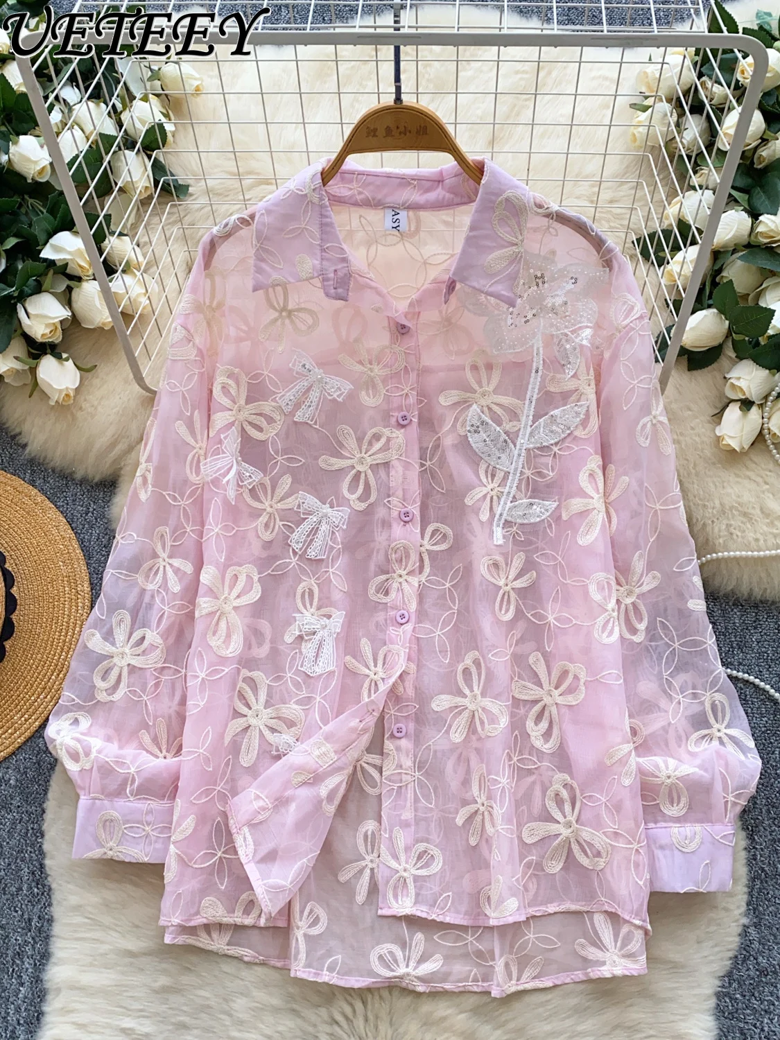 เสื้อเบลาส์แขนยาวผ้าตาข่ายปักลูกปัดหวานๆ สำหรับฤดูใบไม้ร่วงปี 2025 ทรงหลวม กระดุมแถวเดียว เสื้อเชิ้ตผู้หญิง คามิซา เฟมินีนา