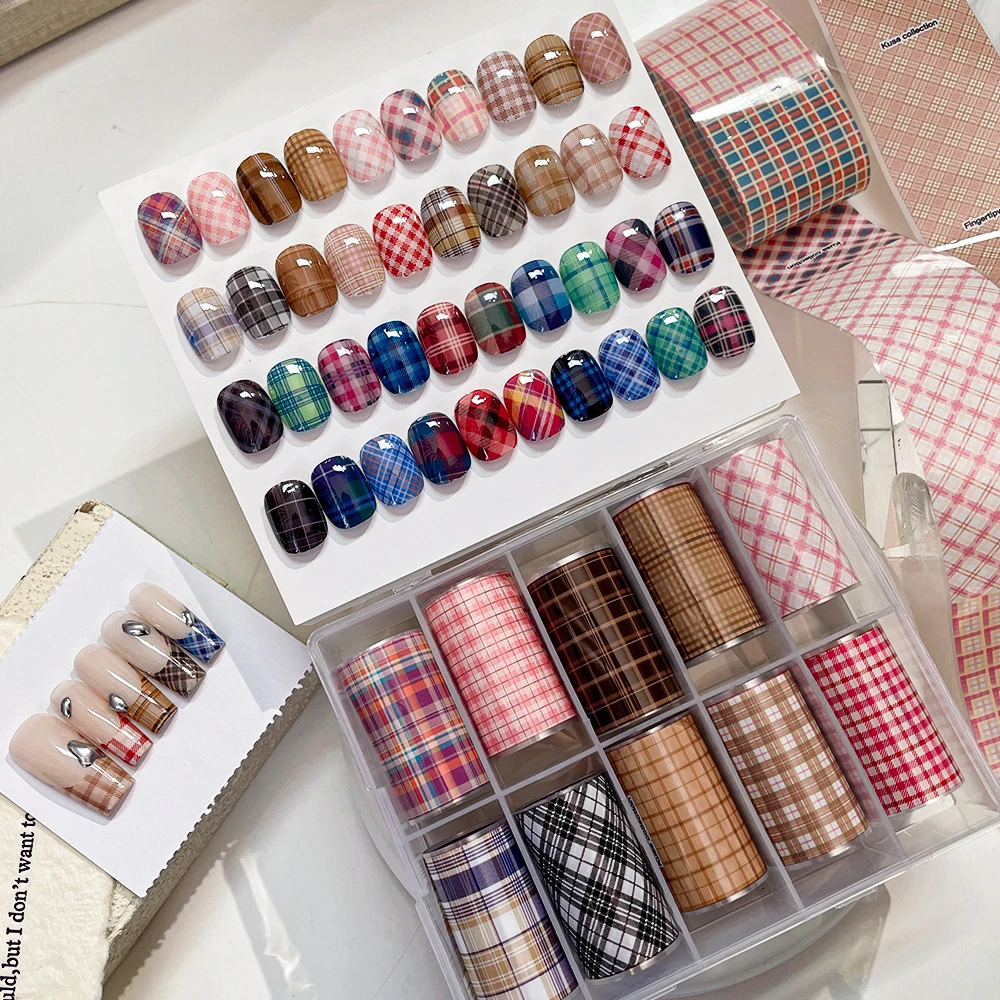 Kaniu 10 ロール芸術的な格子縞ネイル転写箔甘いボヘミアンネイルステッカーメタリックデカールマニキュアデザインファッションネイルアート