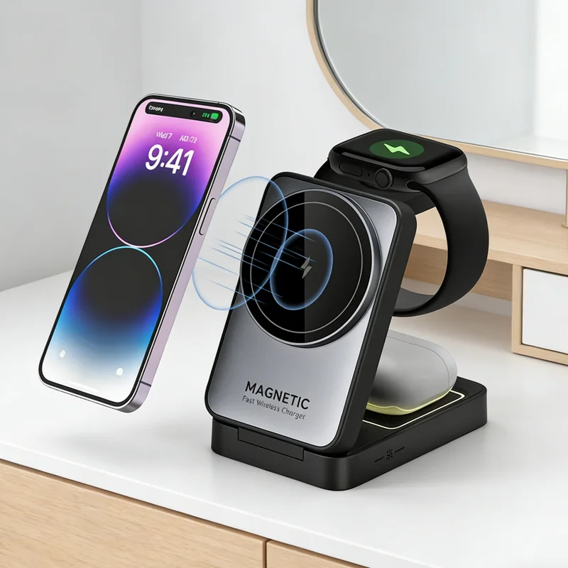 Soporte de Carga Inalámbrico Magnético 3 en 1 Plegable para Magsafe iPhone 16 15 14 13 Apple Watch 2-9 Airpods Pro, Estación de Carga Rápida