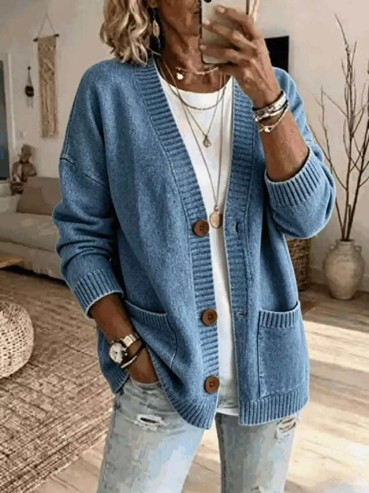 Women's Long Sleeve Knitted Cardigan Casual Loose Fit Button Front Sweater Jacket with Side Pockets