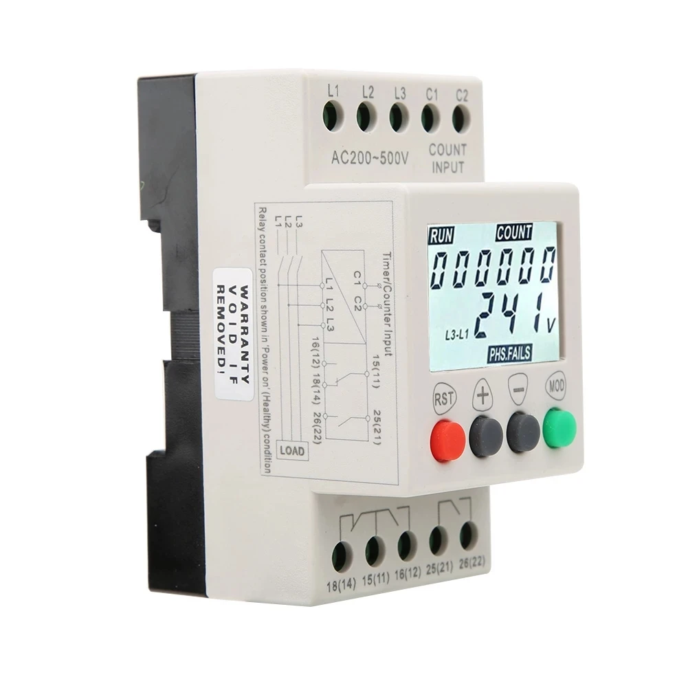 Under Over Voltage Protector Chronograph Counter 3 Phase Voltage Monitor Sequence Protection Relay LCD Digital Display