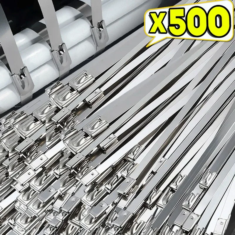 50/500PCS Stainless Steel Cable Ties Metal Zip Ties Strap for Exhaust Wrap Multi-Purpose Heavy Duty Self-locking Fastening Ring