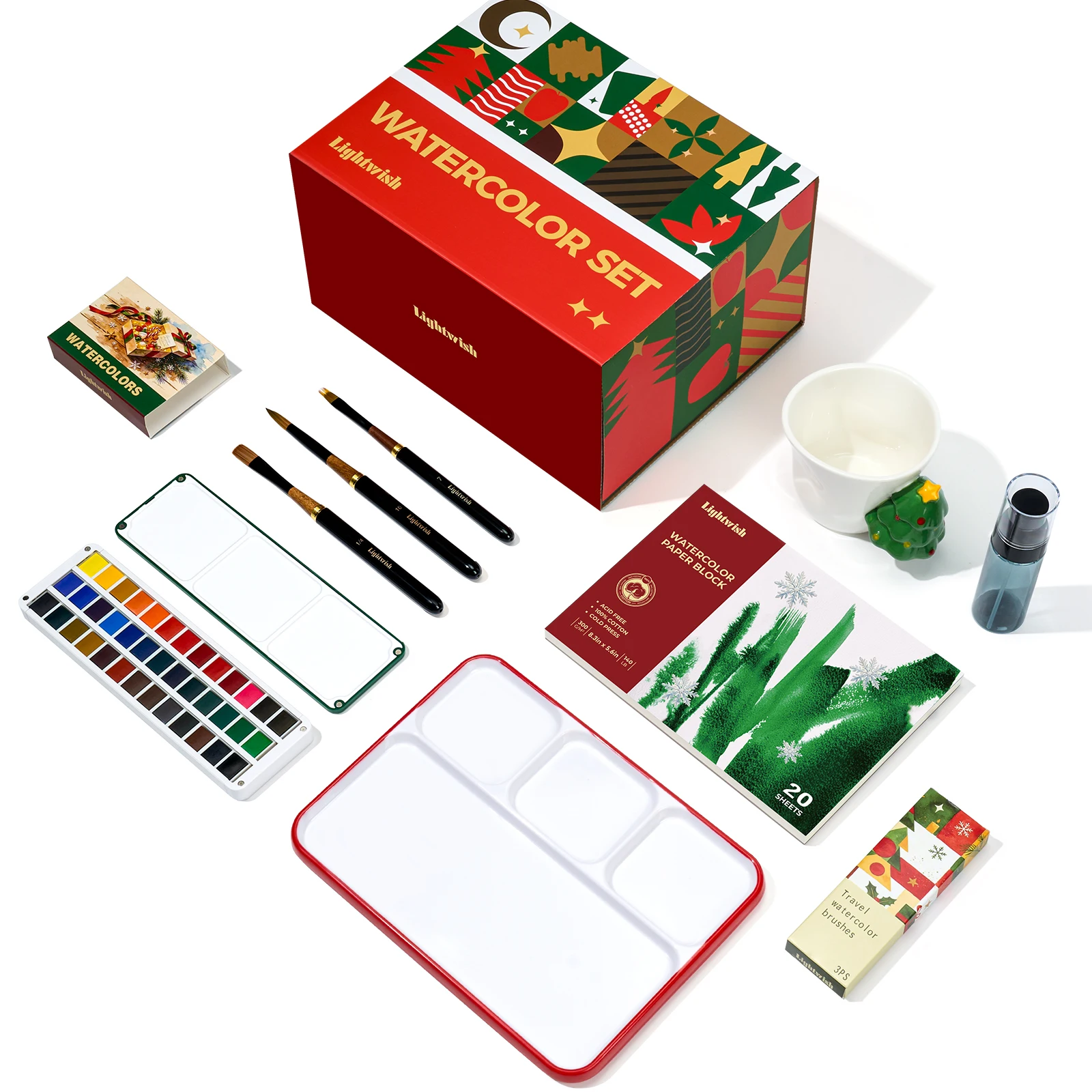 LIGHTWISH Christmas Watercolor Set 39 Colors Solid Kit 100% Cotton Paper Block Brushes Palette Wash Cup Washi Tape Art Gift