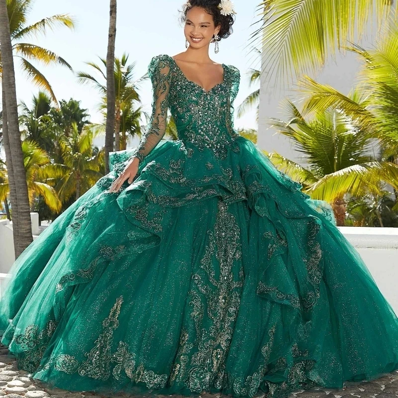 

Mexico Emerald Green Sweetheart Quinceanera Dress Sequins Beaded with Long Sleeve Appliques Lace Sweet 16 Dress