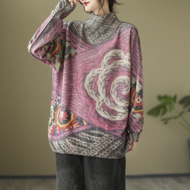 

NYFS 2023 Autumn Winter New Korea Mink Velvet Women Sweater Loose Turtleneck Long Sleeve Pullover Knitting Print Tops