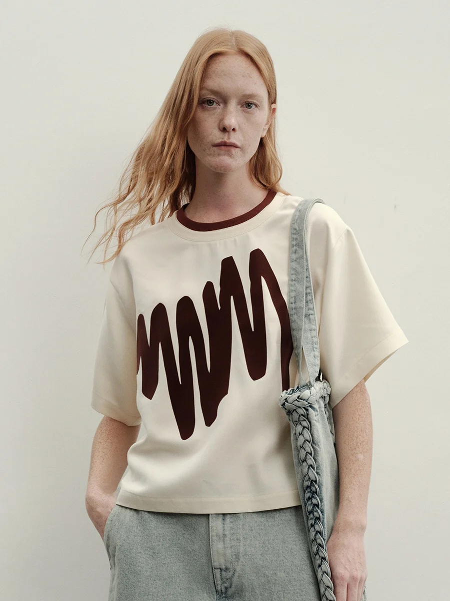 

f Made Brown fiti Print Double Collar ort T-irt Loose Fit Commute Sle Creative Pattern Cotton Blend Summer Top