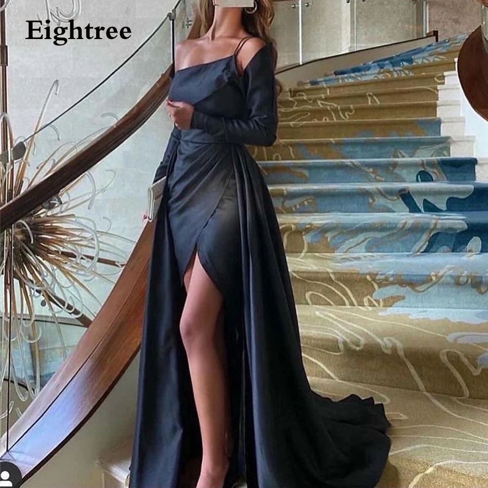 

Eightree Arabic Dubai Black Spaghetti Straps Evening Dress 2022 Long Stain Elegant Full Sleeves Party Dresses Robes De Soirée