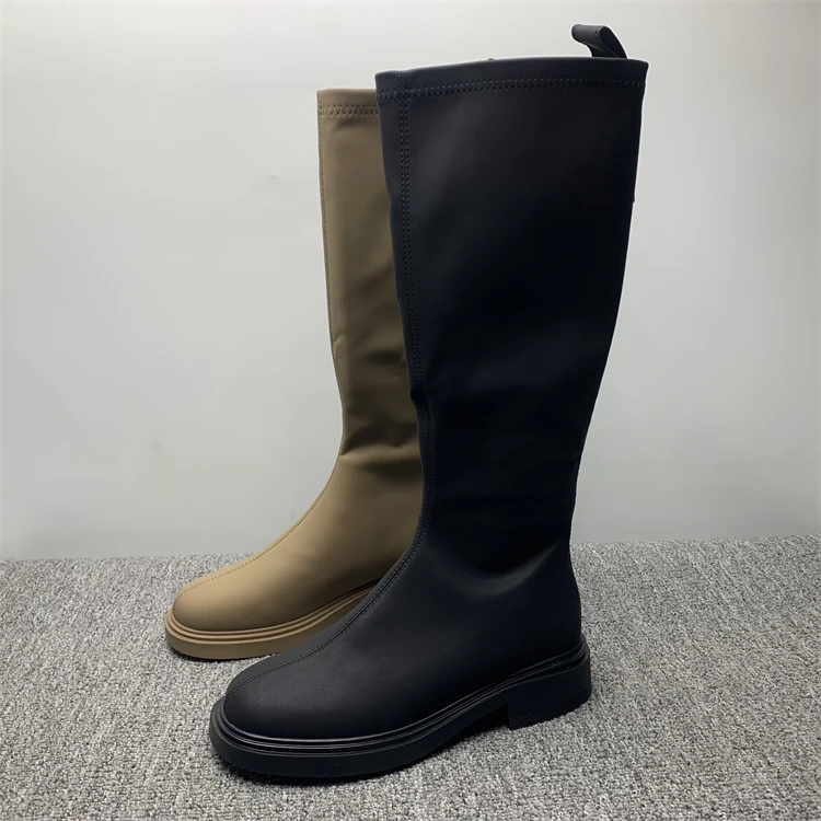 

Fce Lined High Tube Boots Women's Autumn Winter New Sle Slim Flat Bot Briti Sle Knight Boots PU Material round Toe