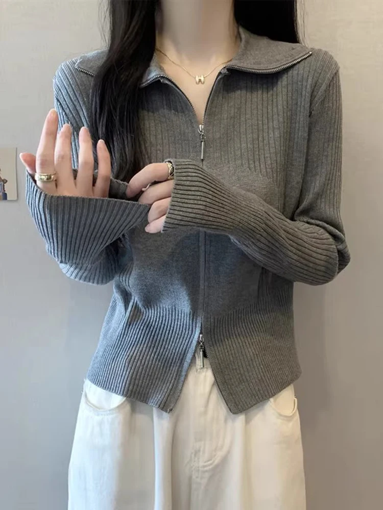 

Gray Shirt V-Neck Long Sleeve Women's Spring Large Size Fat MM Slim Asymmetrical Slit Double Zipper Knitted Top