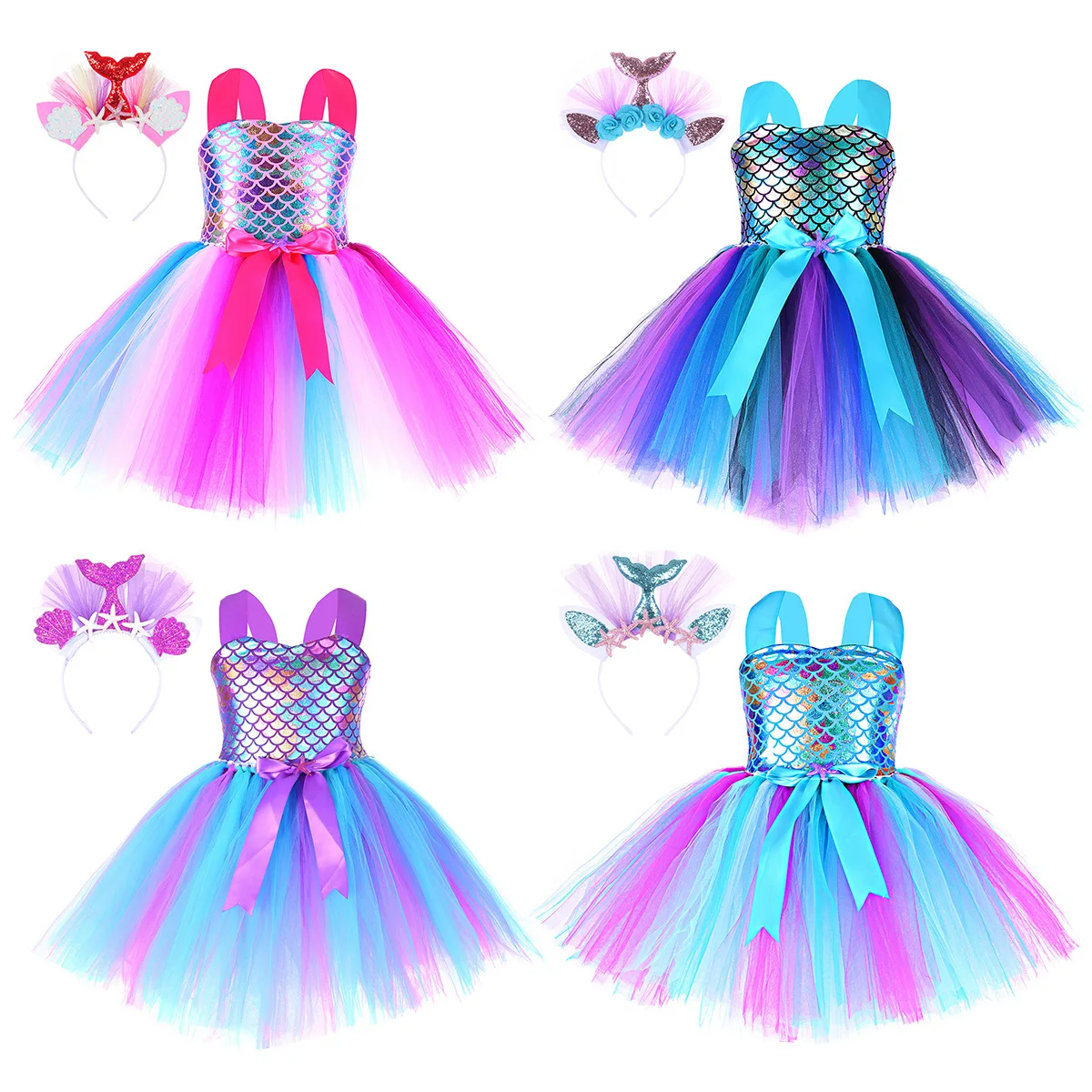 Christmas Halloween Dress Up Sleeveless Hair Hoop Set Little Mermaid Princess Dress Kids Glowing Sea Theme Party Costume Cosplay