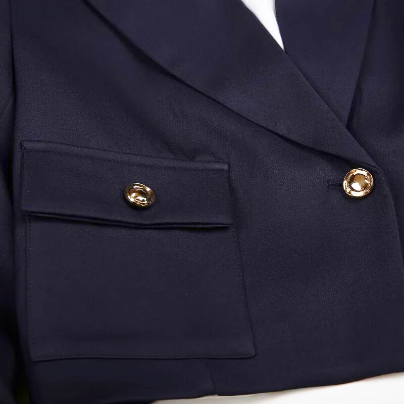 Giacca da abito blu navy Cappotto corto da donna alla moda con scollo a V Abito da donna da ufficio a maniche lunghe allentato casual