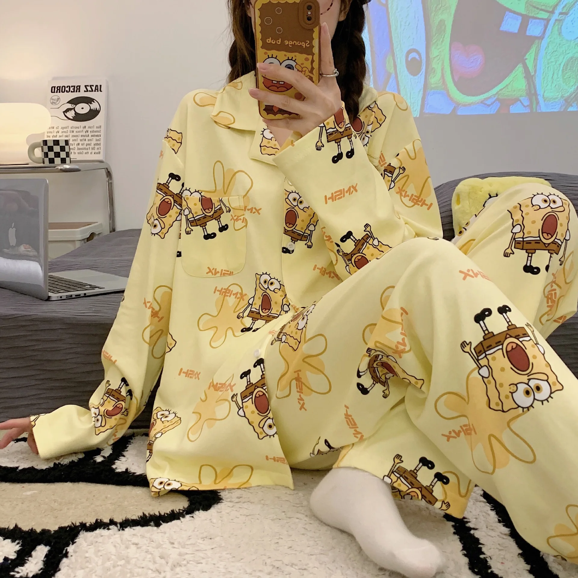 Sanrio pajamas women's autumn and winter long-sleeved loose Kuromi My melody Pochacco Cinnamoroll two-piece home wear set