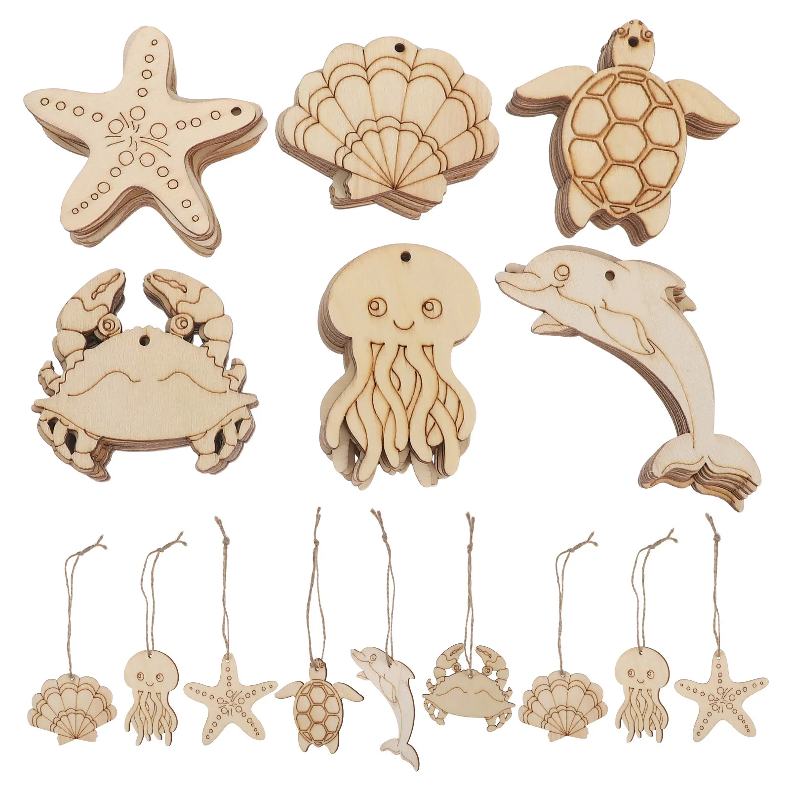 

60 шт. неокрашенных деревянных заготовок в форме морских животных для поделок, росписи и декора на тему морской тематики