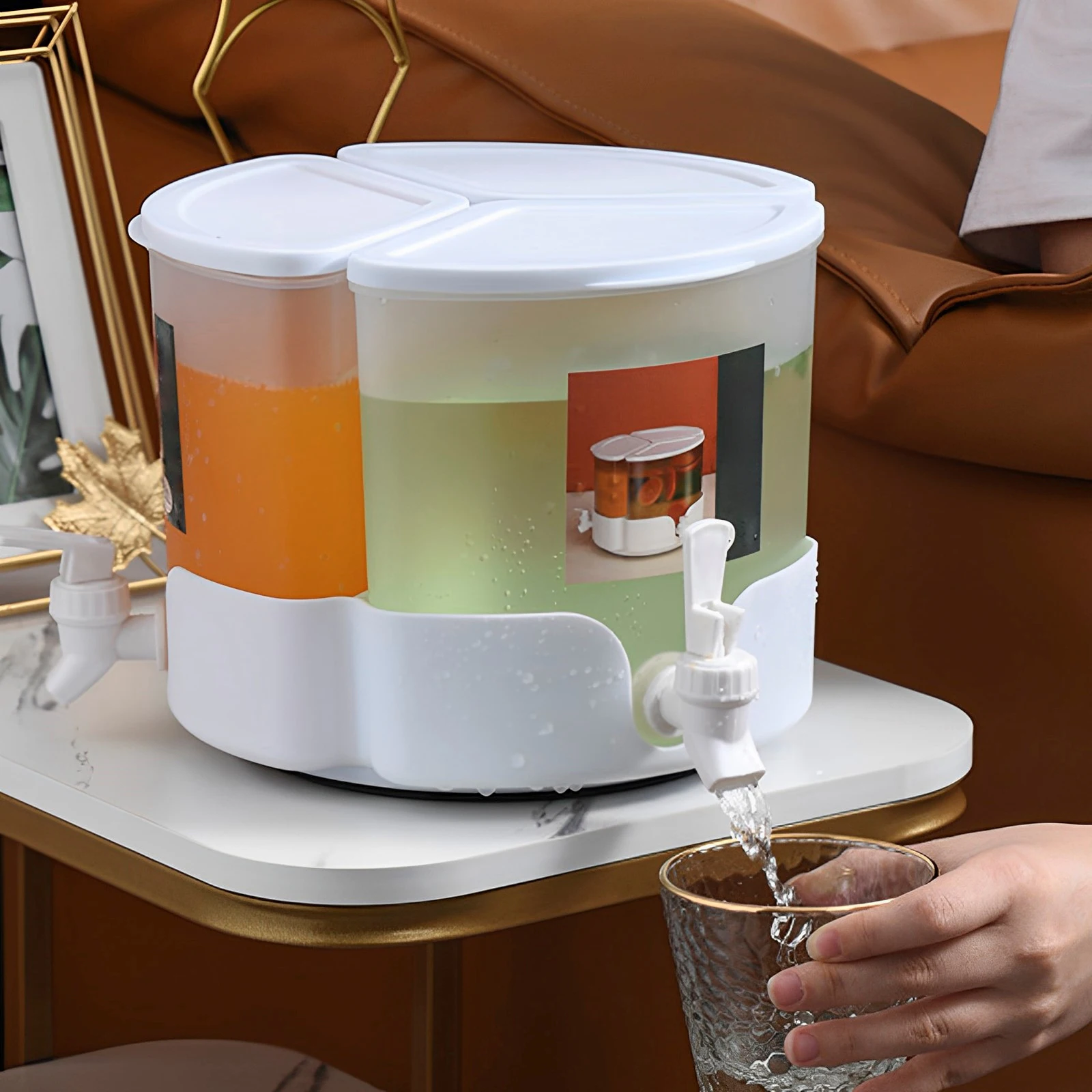 5.1L Drink Dispenser with Faucet 360° Rotatable Juice Jug Dispenser 3 Compartment Removable Beverage Dispenser Juice Dispenser