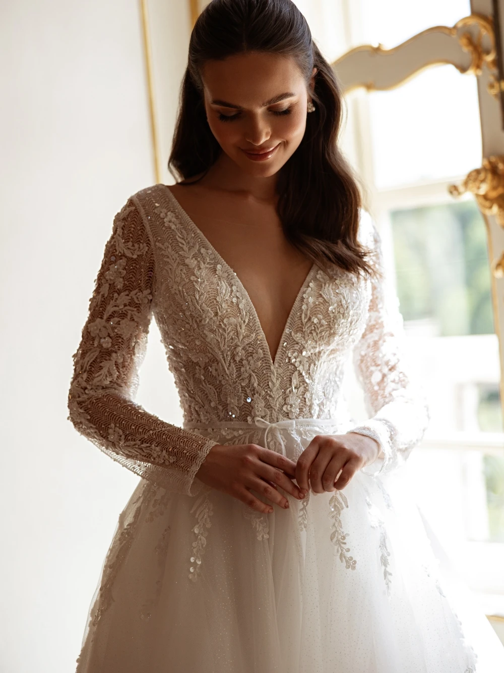 Robe de mariée trapèze en Tulle à paillettes de rêve, effet d'illusion, décolleté en v profond, robes personnalisées à manches longues pour mariée