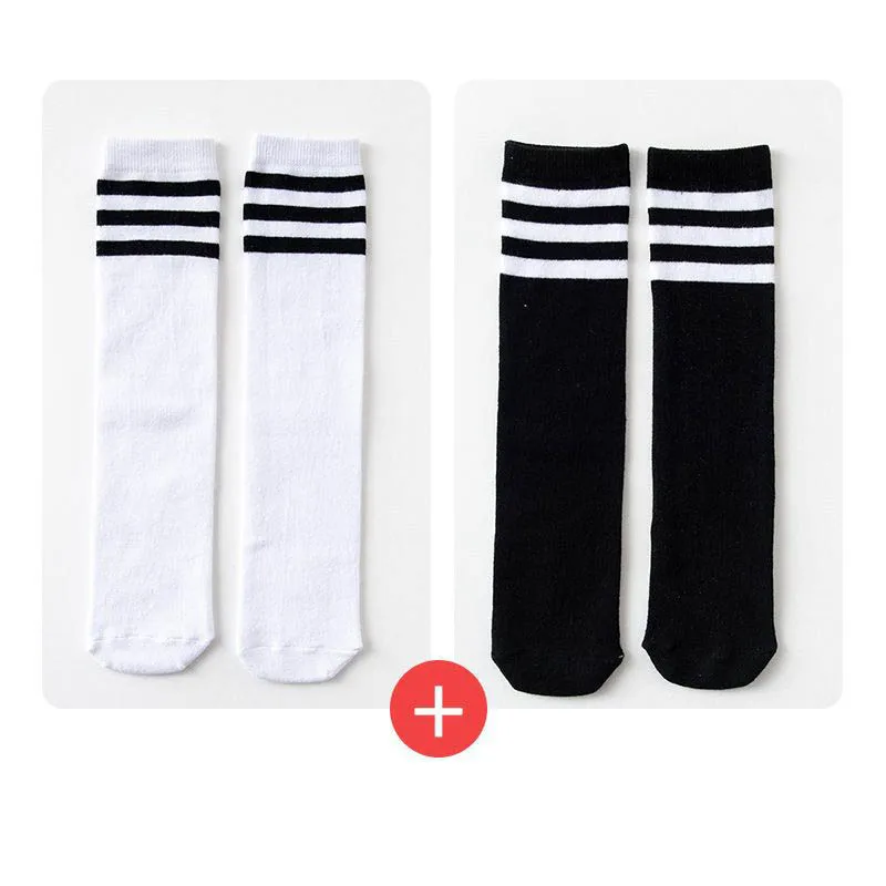 1/2/3Pairs Children Girls Knee High Cotton Socks Black White Three-Line Striped Running Sports Socks Football Golf Sports Socks