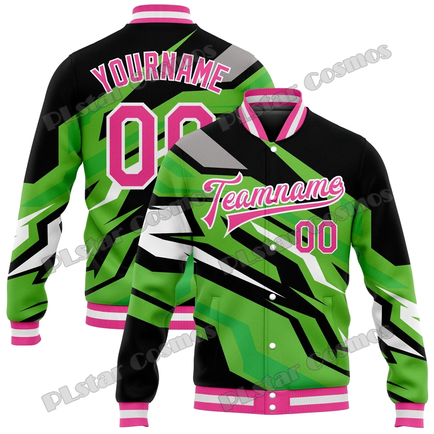 

Custom Green Pink-Black Patterns 3D Printed Men's Bomber Full-Snap Varsity Jacket Winter Unisex Casual Baseball Jacket AK04