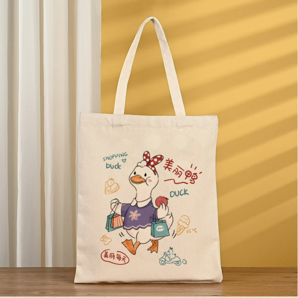 

Cute Little Duck Design Canvas Tote Bag School Travel Work Yoga Bag Daily Use Eco Friendly Spacious Reusable Shoulder Bag