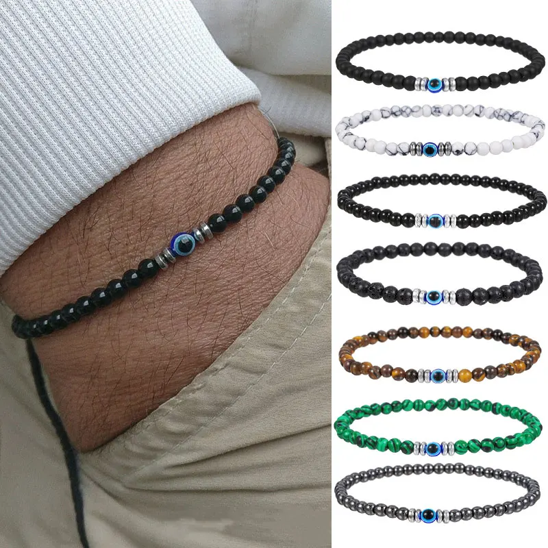 New 4mm Natural Stone Beads Bracelet for Men Women Lucky Evil Eye Smooth Round Beaded Wristband Bangles Couple Jewelry Gifts