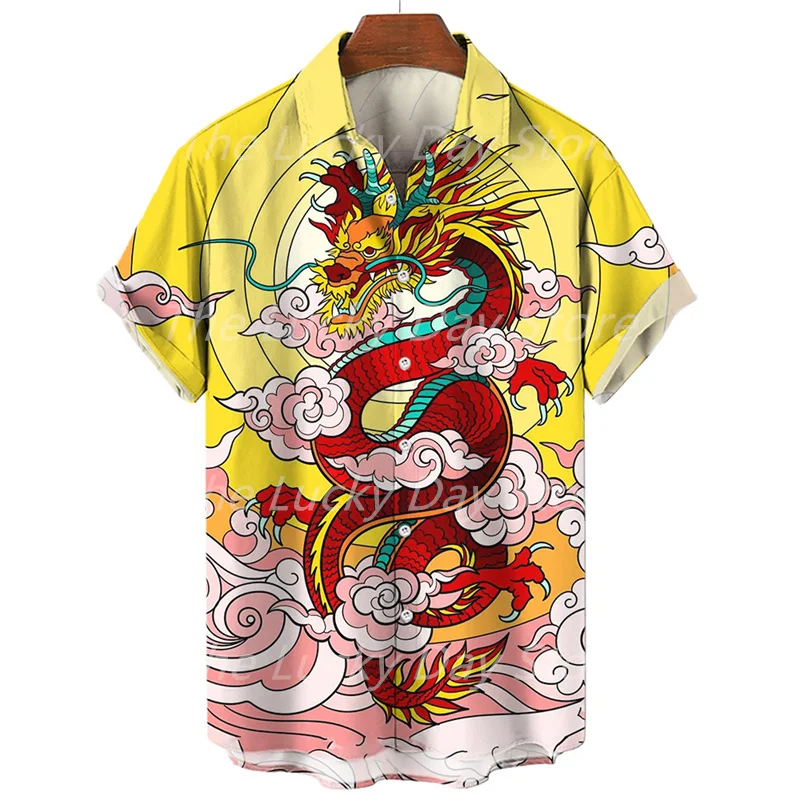 Summer Men's Social Casual Vintage Floral Hawaiian Oversize Short Sleeve Shirt Street Luxury Dragon Pattern Element Clothing Hot