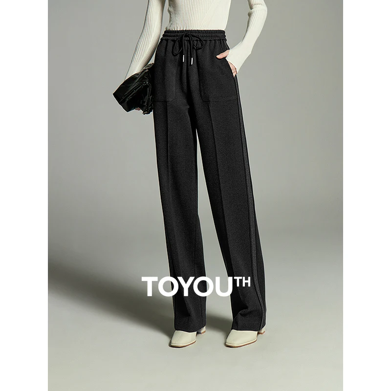 

Toyouth Women Thickened Woolen Casual Pants 2023 Winter Drawstring Waist Straight Loose Wide-leg Sweatpants Casual Trousers