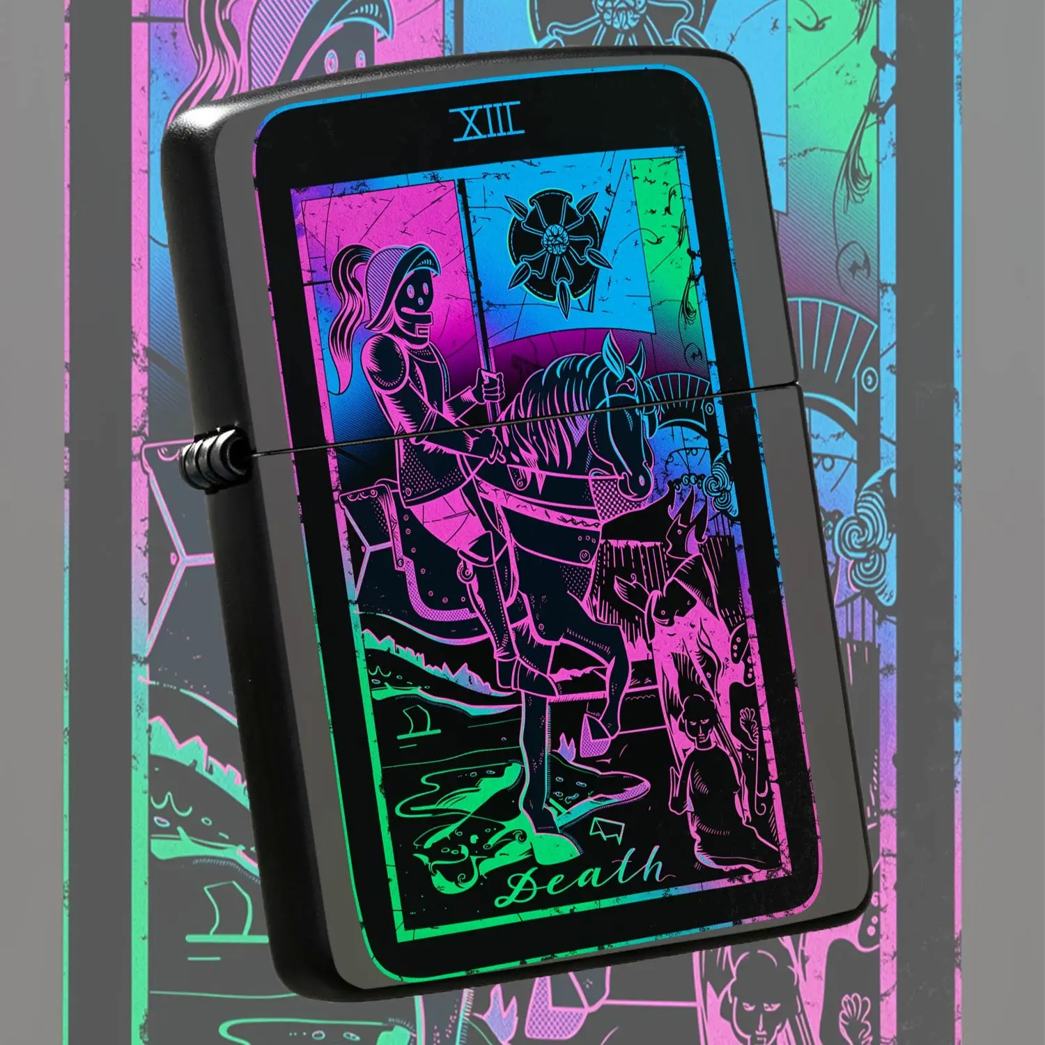 Cyber Neon Tarot Death No.Xiii Themed Lighter, Retro Distressed Art Print Cool Stylish Portable Accessory, Creative All-Scene Daily Use Practical Present For Tarot Lovers Collectors And Trend Pursuers A Humorous And Interesting Lighter