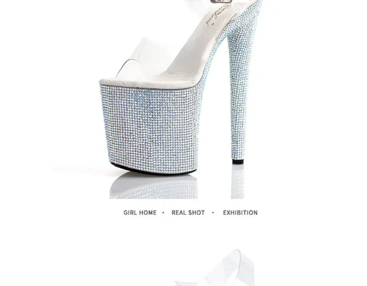 Stripper Shoes Clear 20cm Rhinestone Platform Hate Sky High Sandals Nightclub Model Shining 8inches High Heels New Bride Exotic