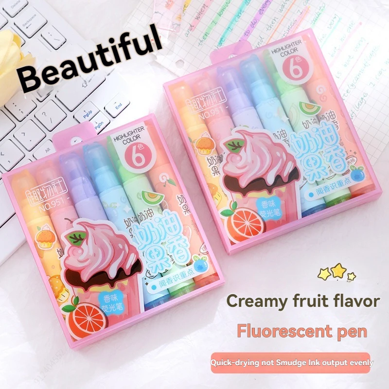 6pcs Cute Creamy Fruity Aroma Highlighters Pastel Highlighter Assorted Colors Dry Fast for Bible Journal School Office Supplies