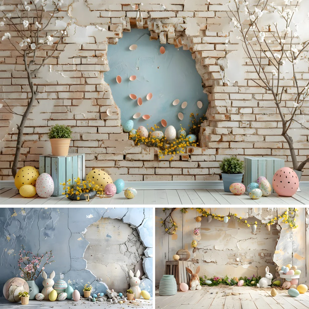 

Spring Easter Rabbit Background For Photography Vintage Brick Wall Bunny Eggs Baby Shower Birthday Backdrop Decor Photo Studio