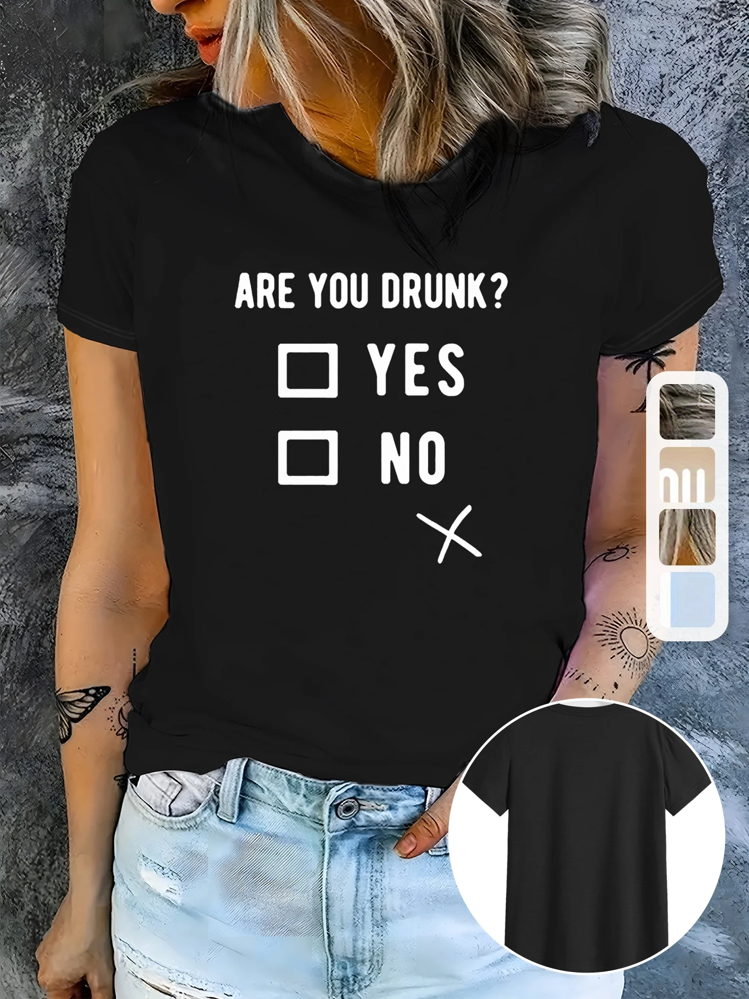 

Женские светло-голубые «Are You Drunk» Футболка с графическим рисунком — повседневный топ с коротким рукавом и круглым вырезом с юмористическим дизайном в клетку